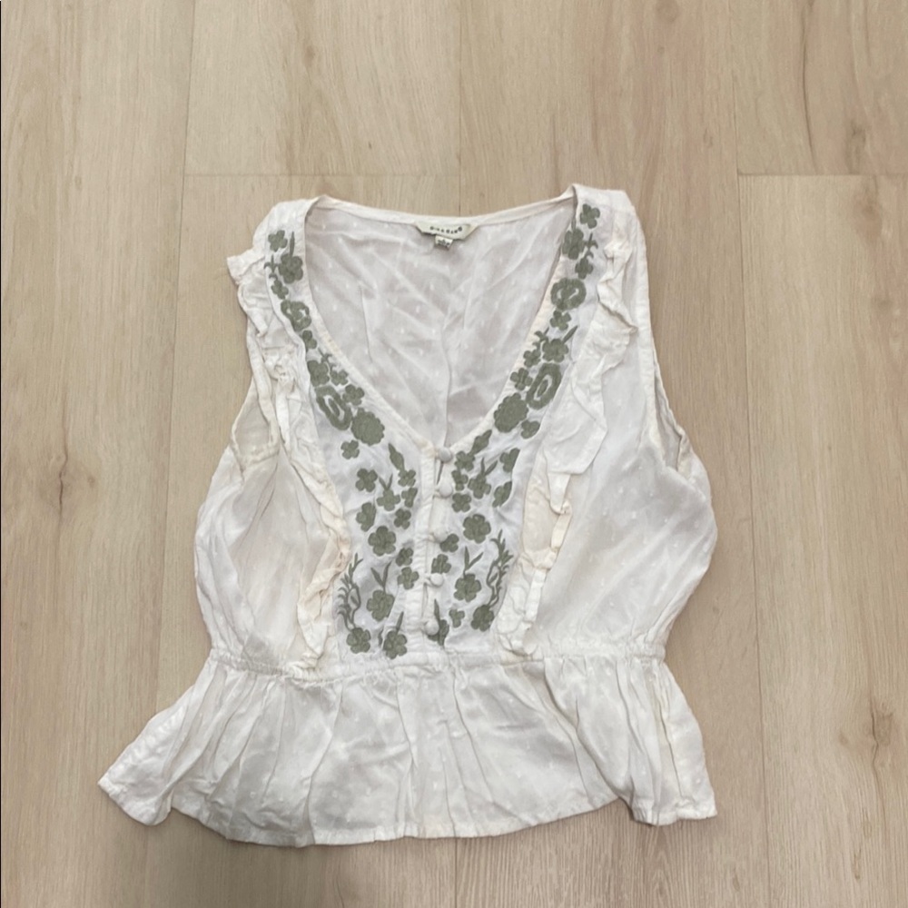White Sleeveless Top with Green Embroidery